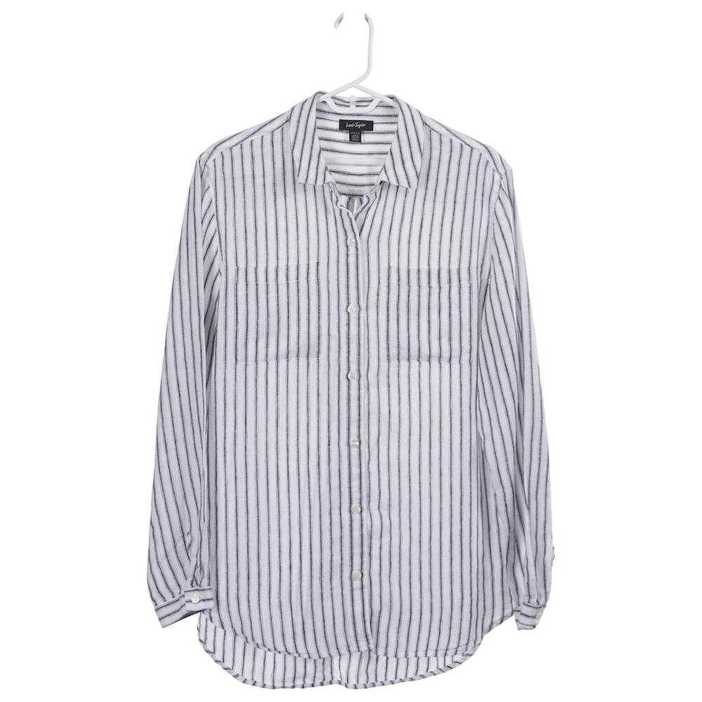 Lord & Taylor Top L Gray White Striped 100% Linen Button-Up Long Sleeve Shirt